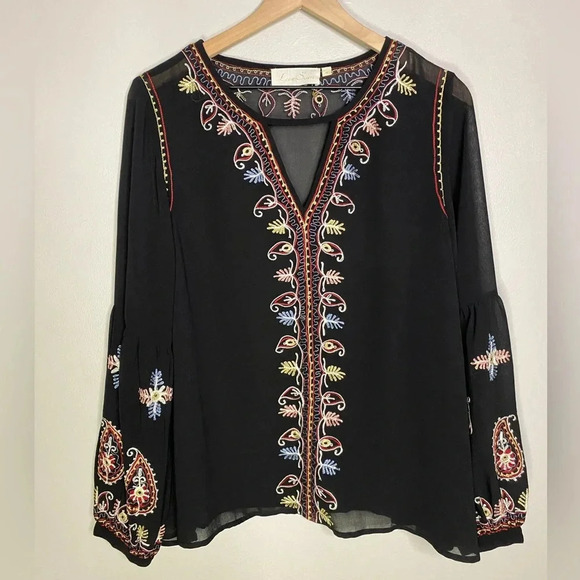 Love Sam Embroidered Peasant Top Black Sheer M boho feminine 70s Anthropology - Picture 1 of 12